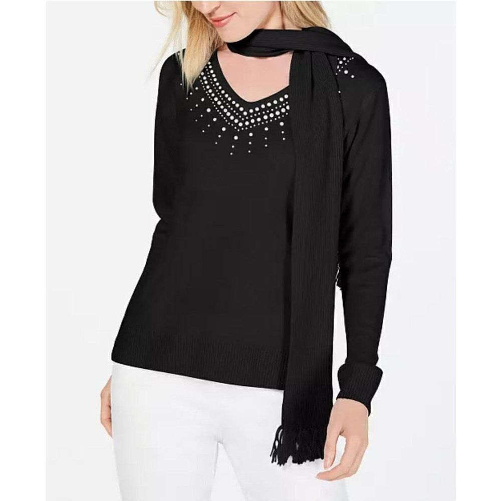 Karen Scott Embellished Sweater With Scarf XL Black